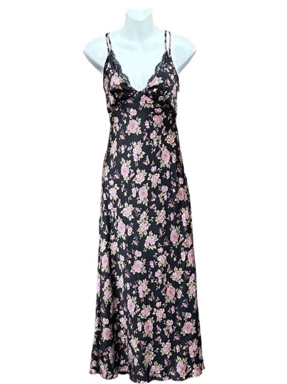 Zara slip dress black floral satin maxi midi Small lace bias cut